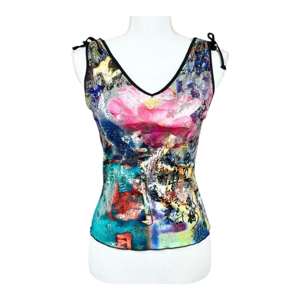 VINTAGE Juxtapose 90’s Silver Metallic Multi Colored Shoulder Tie Tank Medium